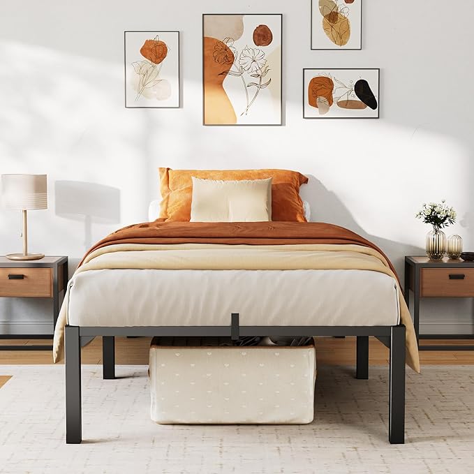 14 Inch Twin Metal Bed Frame, Heavy Duty Metal Platform Bed Frame with Reinforced Slats Support, 800 Lbs Load Capacity, Noise Free, No Box Spring Needed and Screws , Tool-Free Assembly Bed Frame