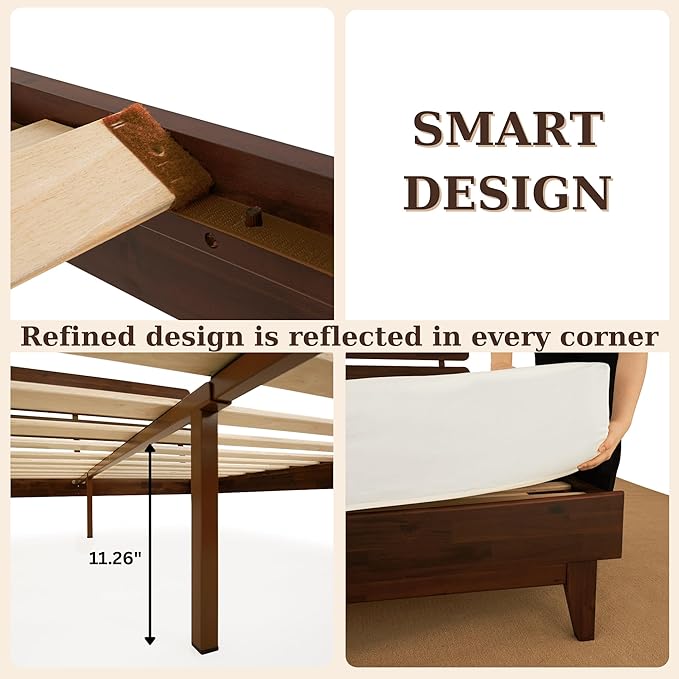 Bme Caden King Size Bed Frame and Adjustable Headboard, 15 Inch Mid Century Retro Style - Solid Acacia Wood - No Box Spring Needed - 12 Strong Wood Slat Support - Easy Assembly - Walnut