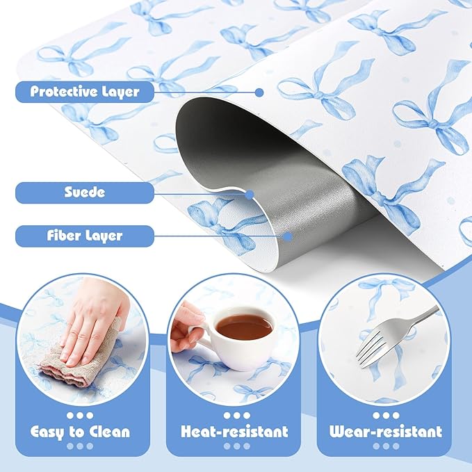 Teenyyou Coquette Bow Makeup Mat for Vanity Top Protector Graduation Gift Dual Side Leather Desk Mouse Pad Girly Waterproof Nonstick Dressing Accessories for Women Home Office(Blue,15.7"x31.5")