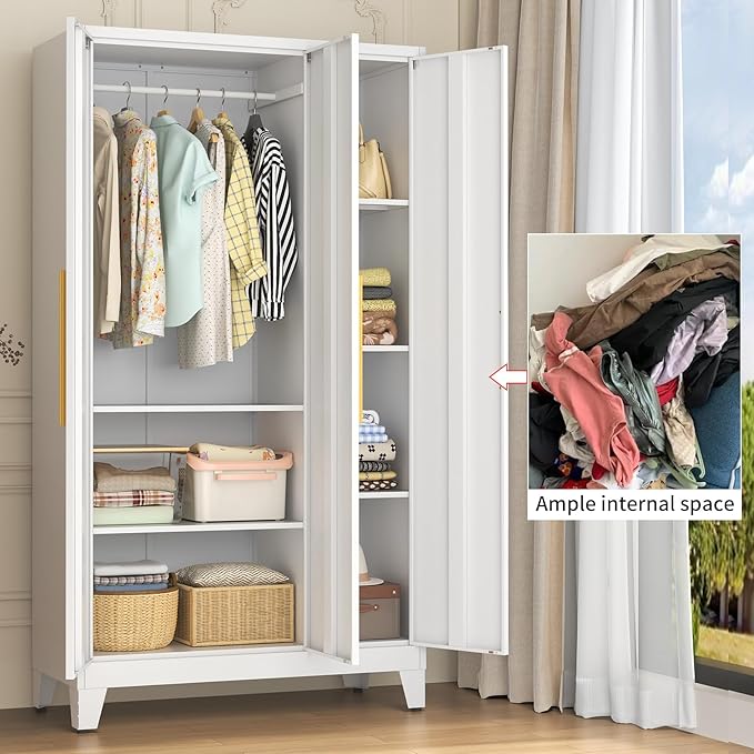 75.3" Tall Metal Wardrobe Closet - Large Clothing Storage Cabinet with 2 Doors, 5 Adjustable Shelves & 1 Hanging Rod - Closet Organizer for Bedroom, Office, Laundry Room, Garage - White