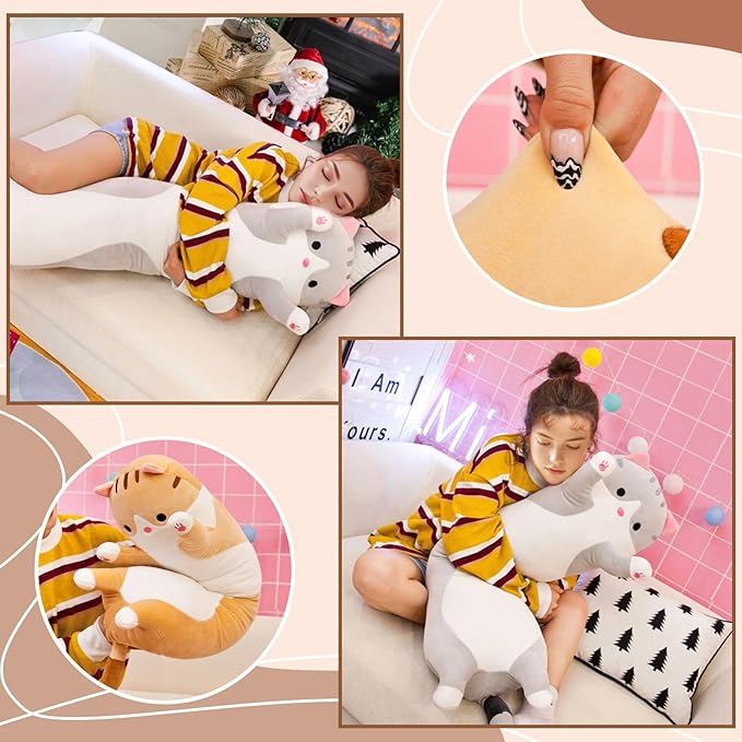 Cute Cat Plush Long Body Pillow – Soft Cartoon Stuffed Animal Doll, Kawaii Cat Plushie Cuddle Toy for Kids, Girls & Girlfriend (Black, 35.4 Inch)