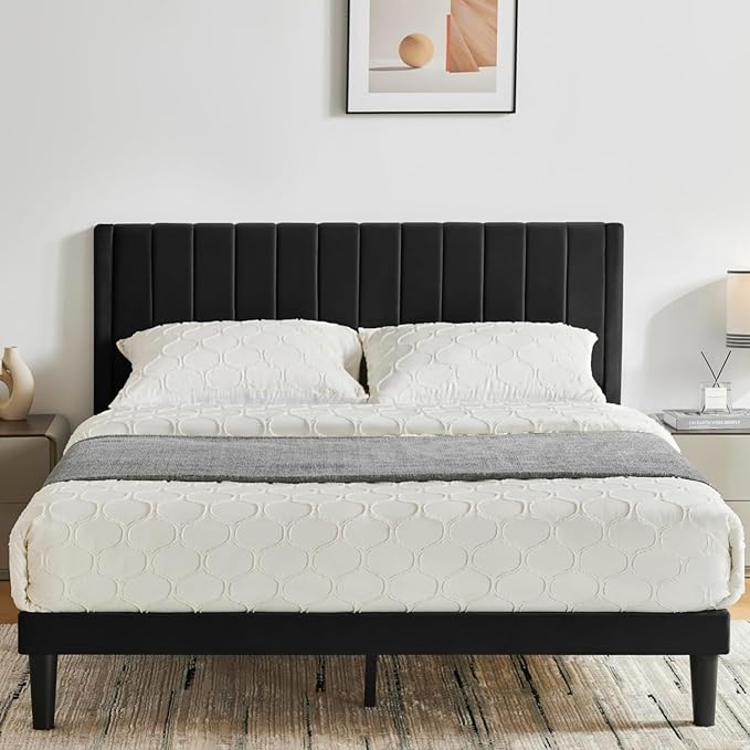 Queen Bed Frame Upholstered Platform,Queen Size Bed Frame with Velvet Headboard,Non-Slip and Noise-Free/Wooden Slats Support/No Box Spring Needed/Easy Assembly/Mattress Foundation Black (Black, Queen)