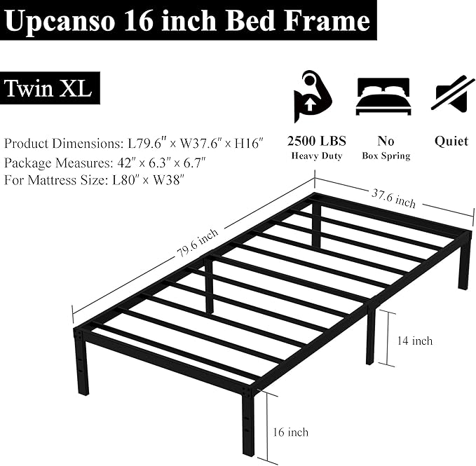 Upcanso 16 Inch Twin XL Bed Frames, Metal Platform Twin XL Bed Frame with Storage, 2,500 lbs Heavy Duty Steel Slats Support, Easy Assembly Mattress Foundation, Black