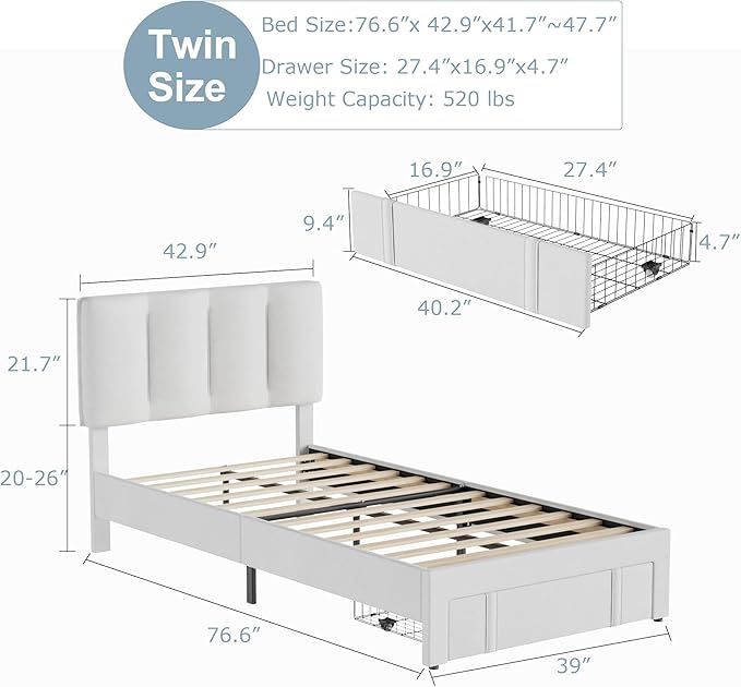 VECELO Twin Bed Frame with Storage Drawer, Heavy-Duty Platform Bedframe with Headboard & Strong Wooden Slats Support, No Boxing Spring Needed, Pure White