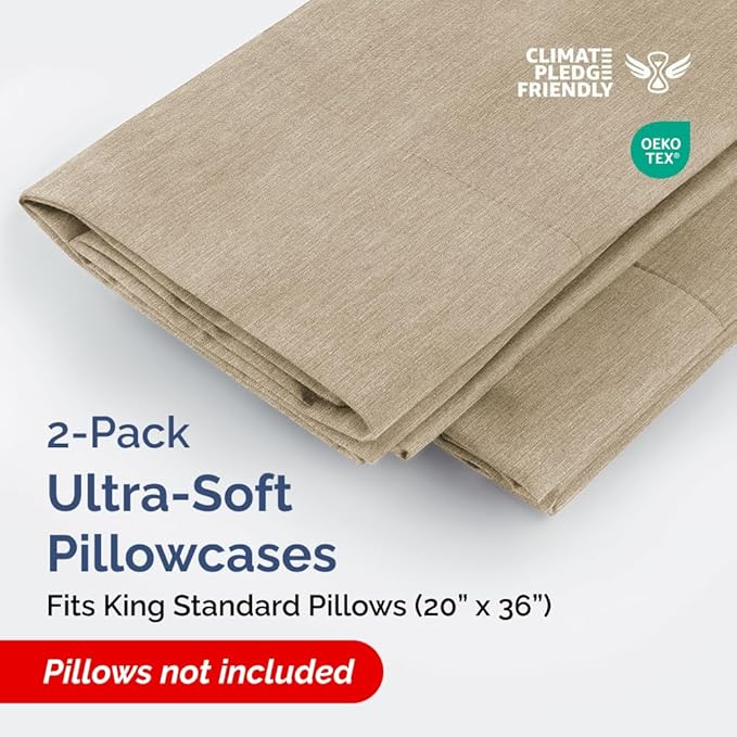 King Standard Pillow Cases Set of 2 - Ultra-Soft Hotel Quality Pillowcase Covers - Comfy, Cozy & Fade Free - Wrinkle Resistant - Machine Washable Pillow Protectors - 2 Piece Set - Heathered Beige