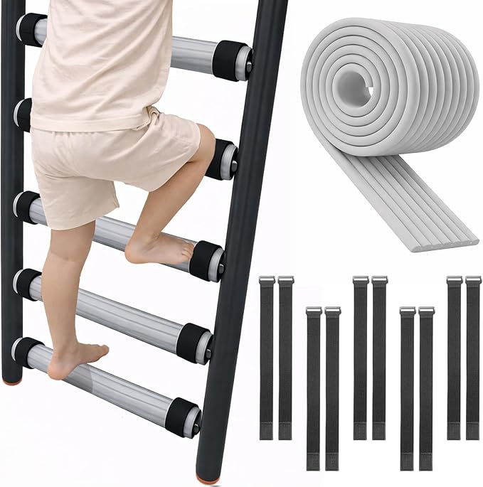 Bunk Bed Ladder Pads 6.5 Ft with 10 Adjustable Straps, Soft Foam Ladder Cover for Loft Bed, Cushioned Step Pads for Comfortable Climbing, Secure Fit, Gray