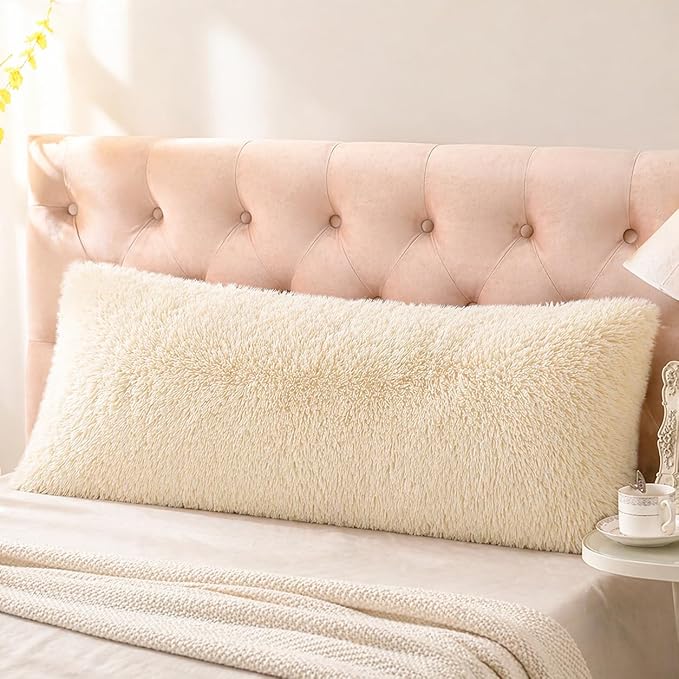 Reafort Luxury Long Hair, PV Fur, Faux Fur Body Pillow Cover/Case 21inx54in with Hidden Zipper Closure (Cream, 21inX 54in Pillow Cover)