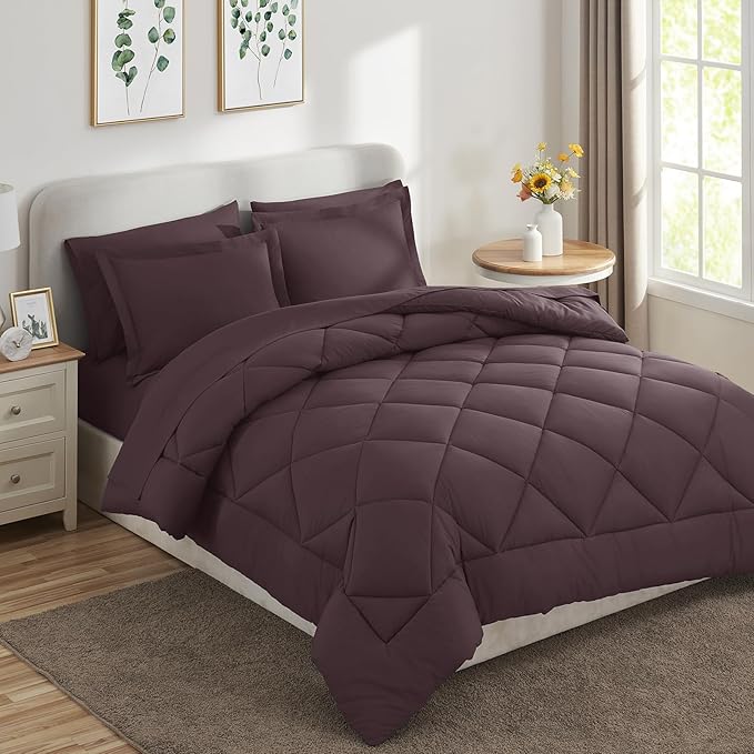 CozyLux Queen Comforter Set Cocoa Powder - Bed in a Bag Queen Size 7 Pieces, Luxury Soft Bed Set for All Seasons, Bedding Set with Down Alternative Comforter, Sheets, Pillowcases & Shams