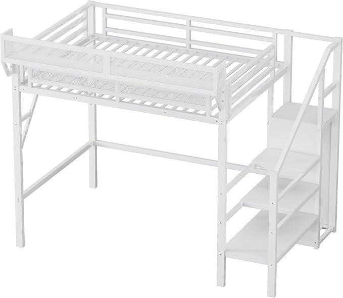 SOFTSEA Metal Loft Bed Storage Shelves, Twin XL Size Loft Bed Frame with Wardrobe, High Loft Beds with Stairs and Guardrail for Kids Bedroom, No Box Spring Needed, White