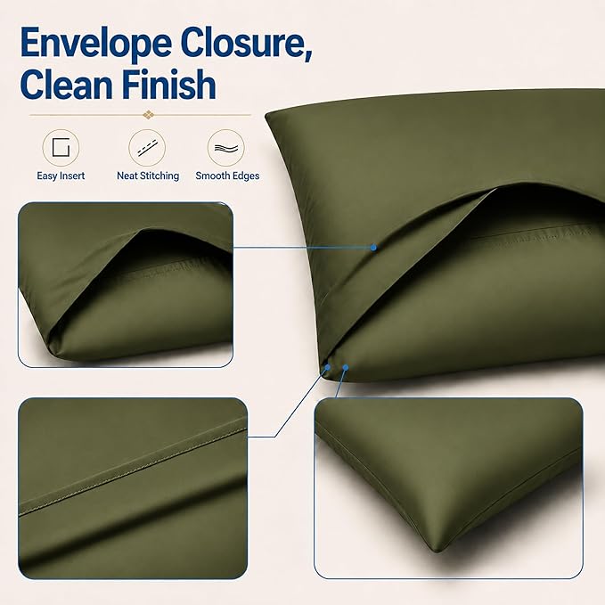 ZPECC Pillow Cases Standard Size Set of 4, 20x26 Envelope Closure Pillowcases, Soft Plain Brushed Microfiber Covers Hypoallergenic Breathable, Olive Green