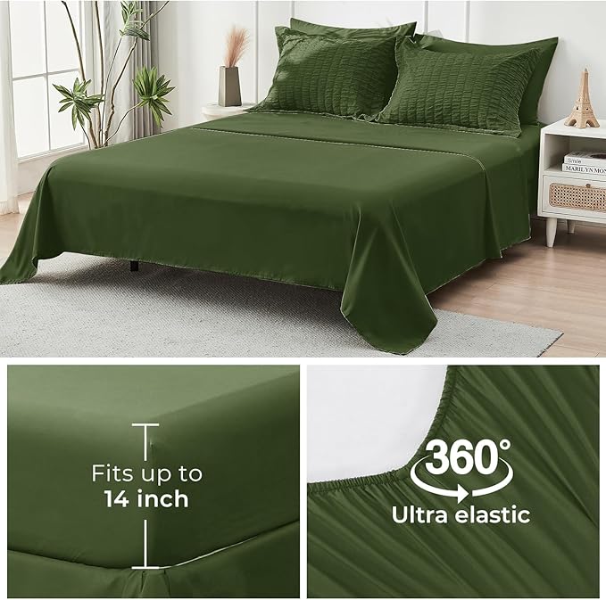 HYMOKEGE Olive Green King Size Comforter Set Seersucker 7 Pieces, All Season Luxury Bed in a Bag for Bedroom, Bedding Set with Comforter, Sheets, Pillowcases & Shams