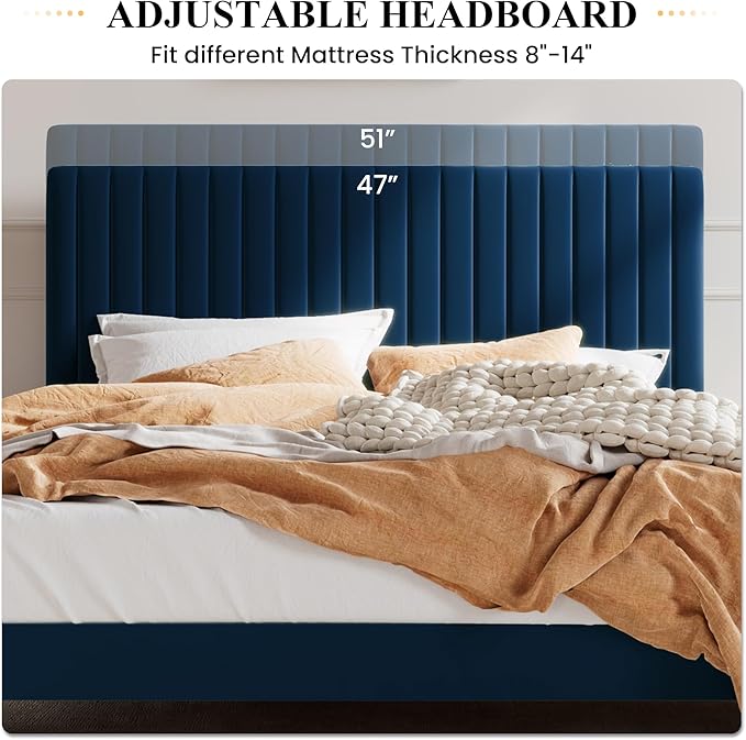 SHA CERLIN Queen Upholstered Platform Bed Frame with Vertical Channel Tufted Velvet Fabric Adjustable Headboard, Wooden Slats Support, Mattress Foundation, Box Spring Optional, Blue
