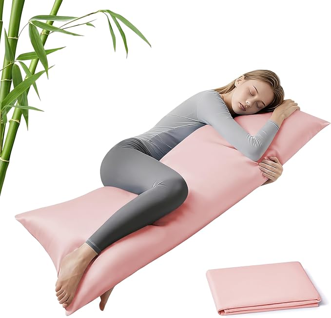 MR&HM Cooling Body Pillow Case 20"x54", Body Pillow Cover for Hot Sleepers, Breathable & Moisture Wicking, Silky Soft Envelope Long Pillowcase, Rayon Derived from Bamboo & Polyester Blend, Pink