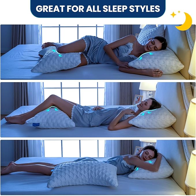 Side Sleeper Pillows for Neck & Shoulder Comfort - Ergonomic Curved Crescent Design, Adjustable Shredded Memory Foam, Cooling & Soft Cover, Extra Fill Included, Queen Size