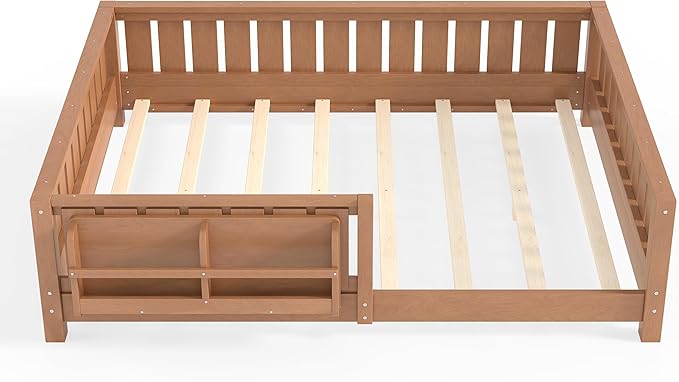 Bellemave Full Size Kids Montessori Bed with Bookshelf,Solid Wood Full Floor Bed Frame with Fence and Slats for Girls Boys,Low-Profile,Dark Natural