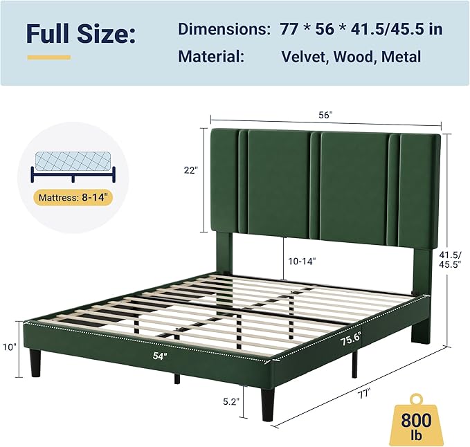 Allewie Full Size Platform Bed Frame with Adjustable Headboard, Plush Velvet Upholstered, Vertical Channel Tufted, Sturdy Wooden Slats, No Box Spring Needed, Easy Assembly, Green