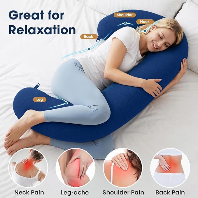 TranquilRelax C Shaped Body Pillow for Side Sleepers, Memory Foam Long Pillow for Leg, Hip & Back Support, Soft Washable Cover,Navy Blue-47"*10"