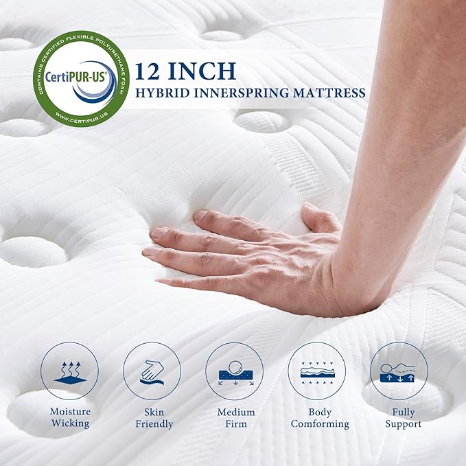 King Mattress 12 Inch King Size Mattresses in A Box Hybrid Mattress Individual Pocket Springs Mattresses with Memory Foam Layer Medium Firm Provide Motion Isolation & Cool Sleep