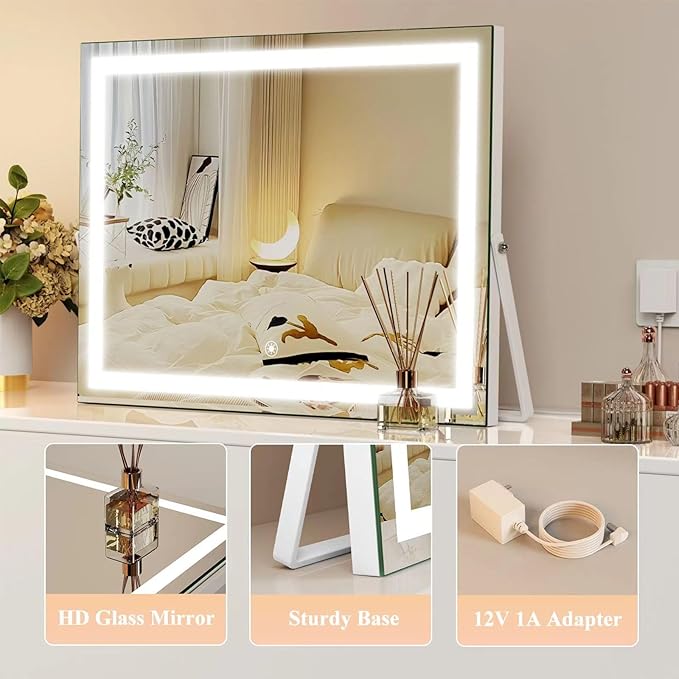 Gvnkvn Ligheted Vanity Mirror with Lights, 14" x 10" LED Makeup Mirror, 3 Modes Light, Smart Touch Control Dimmable, 360°Rotation, Rectangle White Frame