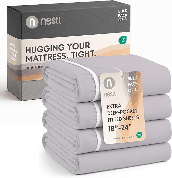 Nestl 4 Pack Grey Lavender Fitted Sheet Extra Deep Pocket, Hotel Luxury Twin XLFitted Sheet Only Easily Fits 18 to 24 Inch Mattress, Super Soft, Wrinkle-Free and Breathable with Corner Straps