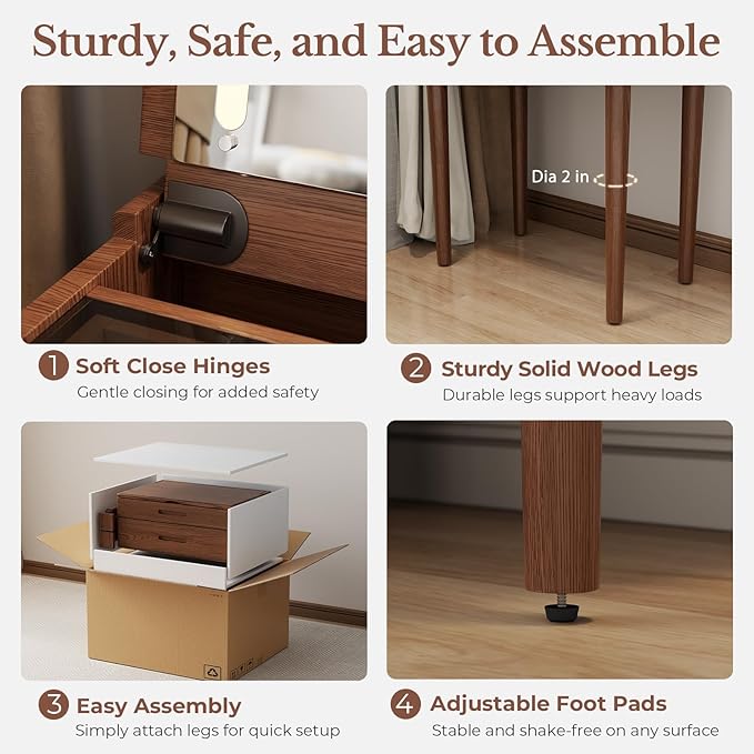 Muwuele Solid Wood Small Vanity Desk with Mirror and Lights, Narrow Makeup Vanity for Small Space, Flip Top Vanity Side Table, 3 Color Modes & Adjustable Brightness, 23.6" Slim Dressing Table, Walnut