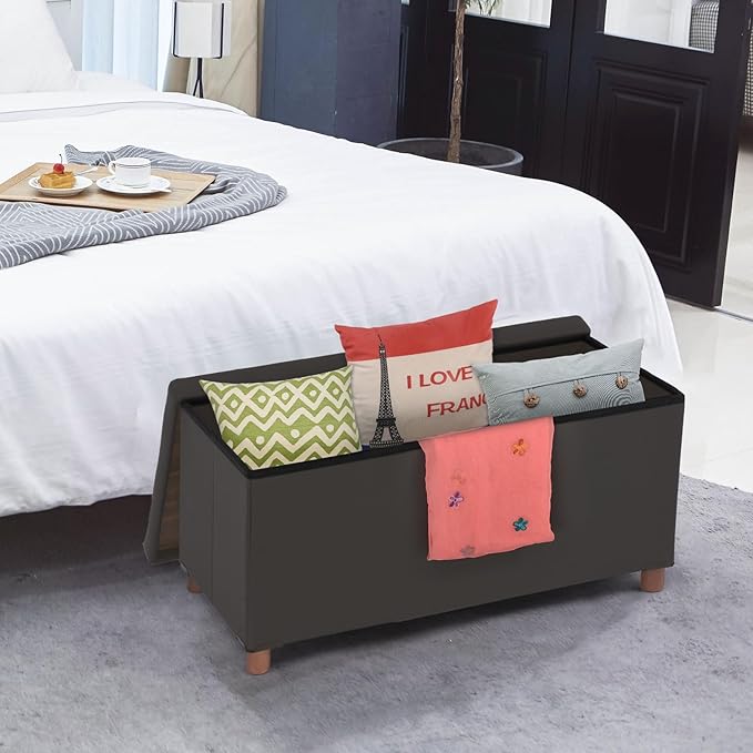 Dorriss Ottoman Storage Bench for Living Room with Tray, Bedroom Foot Stool, Coffee Table Lid, End of Bed Faxu Leather 30" Inch (L-Grey)
