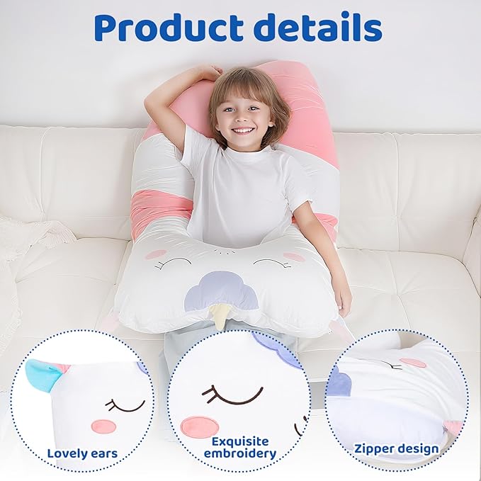 47x23 inch U Shaped Long Plush Body Pillows for Kids, Stuffed Animal Unicorn Soft Large Pillow for Sleeping, Big Cute Plushies, Washable Cover, Gift for Boys and Girls