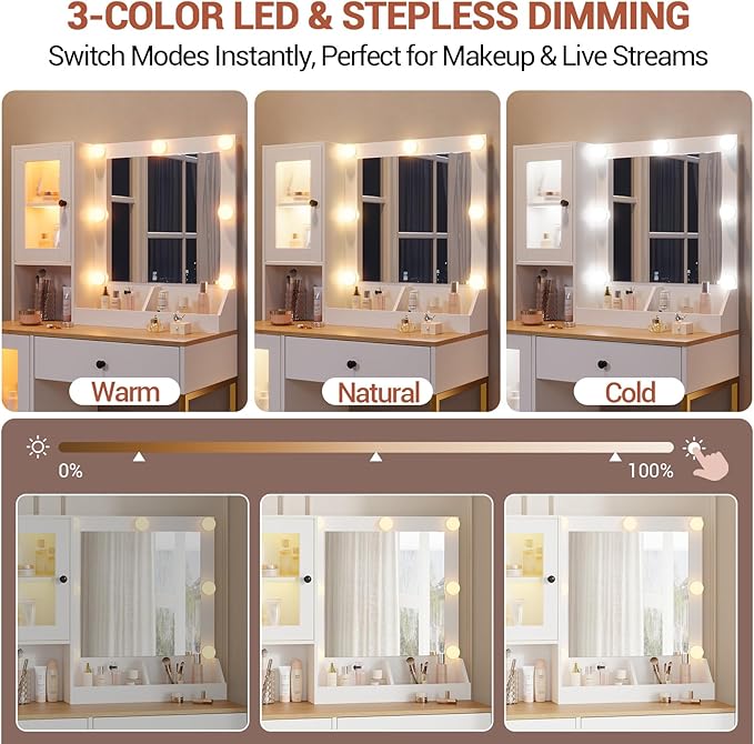 IDEALHOUSE Makeup Vanity Desk with Mirror and Lights, Vanity Table with Charging Station, 2 Open Compartments, 2 Acrylic-Door Cabinets, and RGB Lights Wood Dressing Table for Bedroom