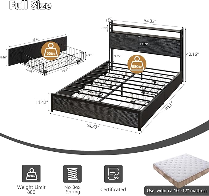 VINGLI Full Bed Frame with 4 Storage Drawers and Adjustable Headboard Shelf, Metal Double Platform Captain Bed with Charging Station and RGB LED Lights, No Box Spring Needed, Noise Free, Black