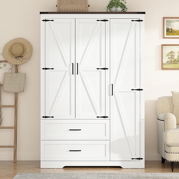 St.Mandyu Farmhouse Wardrobe Armoire Closet with 3 Doors and 2 Drawers, 70.1" Wooden Clothing Storage Cabinet, Freestanding Large Capacity Storage Wardrobe Armoire with Hanging Rod for Bedroom, White