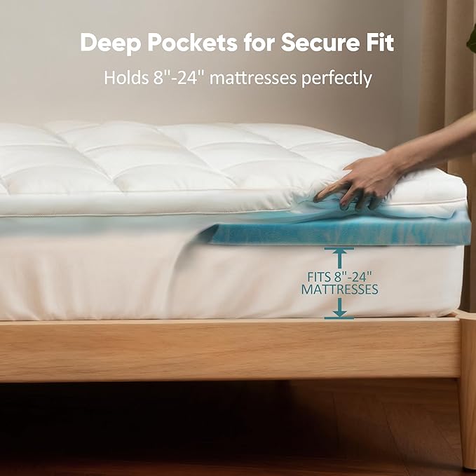 Twin XL 4 Inch Dual Layer Memory Foam Mattress Topper for College Dorm, 2 Inch Cooling Gel Memory Foam and 2 Inch Down Alternative Pillow Top Mattress Pad Cover 8-24 Inch Deep Pocket