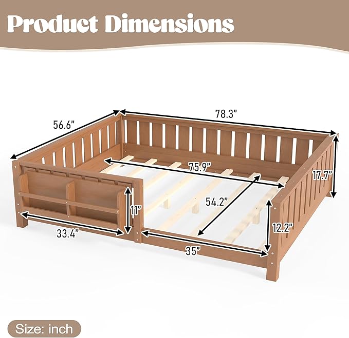 Bellemave Full Size Kids Montessori Bed with Bookshelf,Solid Wood Full Floor Bed Frame with Fence and Slats for Girls Boys,Low-Profile,Dark Natural