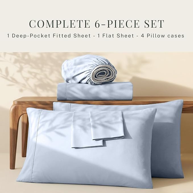 Hearth & Harbor Extra Deep Pocket Sheets - Fits Mattress 18-24 Inches Deep - Extra Deep Pocket California King Size - 6 Piece Cal King Sheets - Cal King, Ice Blue