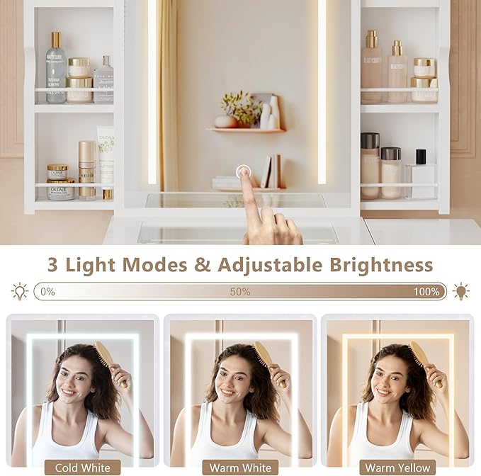 Einhomn Small Vanity Desk Set with Mirror and Lights, Glass Top Vanity with Storage, Compact Makeup Dressing Table with Stool and 2 Hidden Pull-Out Cabinets, for Bedroom, Saving Space, White
