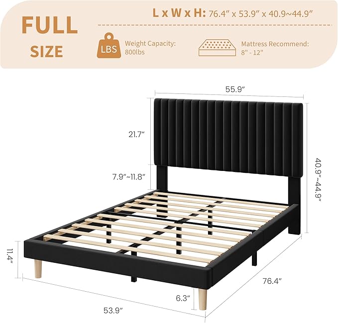 GAOMON Full Bed Frame with Adjustable Headboard, Velvet Upholstered Platform Full Size Bed Frame, Wooden Slats Support, No Box Spring Needed, Easy Assembly, Black