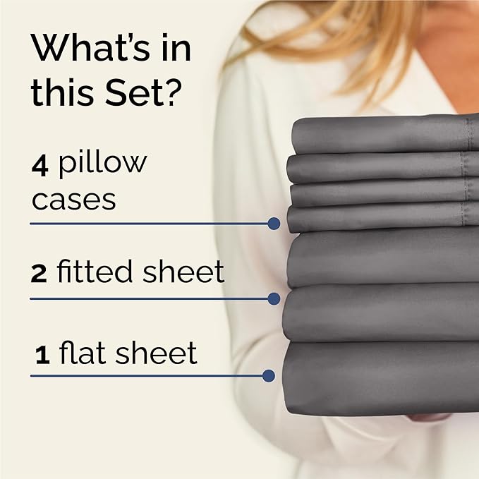 Split King 7 Piece Sheet Set - Comfy, Breathable & Cooling - Soft Hotel Luxury Bedding for Women, Men, Kids, Teens and Children - 1 Flat & 2 Fitted Sheets & 4 Pillowcases with Deep Pockets - Dark Grey