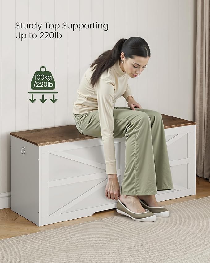 CHOEZON Storage Chest, 47.2" Wooden Storage Trunk, Modern Storage Bench with Safety Hinge, Toy Box, Farmhouse Style, for Bedroom, Living Room, Walnut and White MCW16WL
