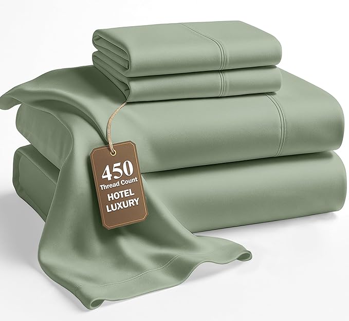 LANE LINEN Cal King Size Sheets Set - 450 Thread Count Premium Sateen Weave for Smooth Feel on Skin - Thick & Comfy Sheets for Summer - Securely Fits Mattresses Upto 15'' Deep - Iceberg Green