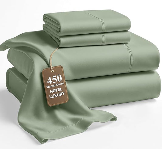 LANE LINEN Cal King Size Sheets Set - 450 Thread Count Premium Sateen Weave for Smooth Feel on Skin - Thick & Comfy Sheets for Summer - Securely Fits Mattresses Upto 15'' Deep - Iceberg Green