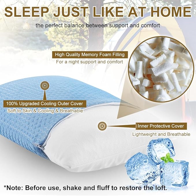 Ivellow Travel Pillow Camping Pillow for Sleeping Cooling Shredded Memory Foam Pillow Compressible Compact Medium Firm,Breathable Soft Cover,Ideal Outdoor Car Backpacking Hiking Essential Gear Blue S