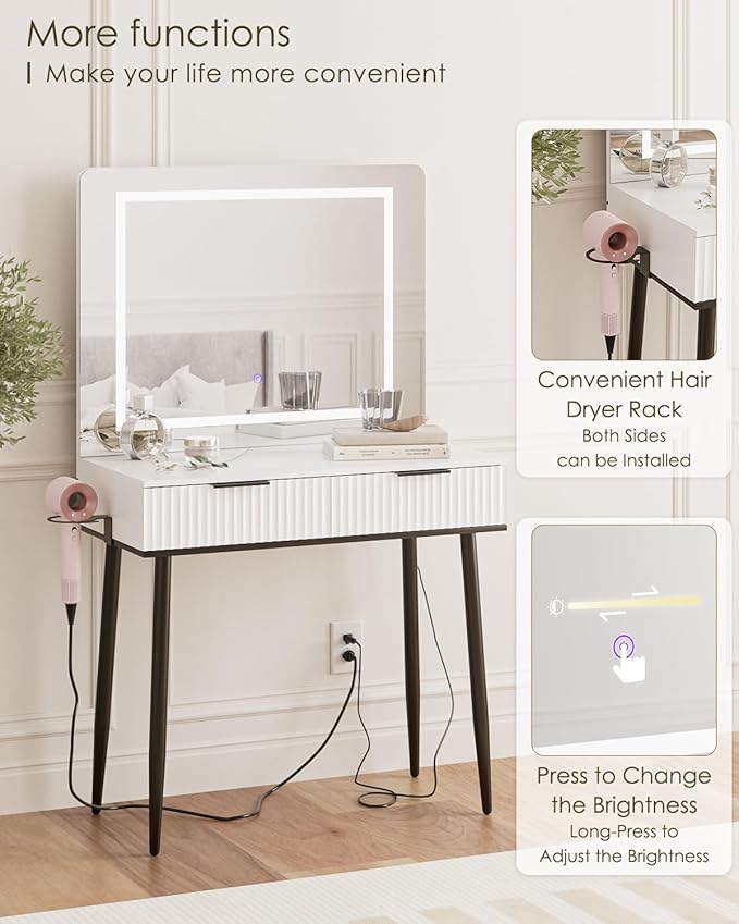 Vanity Desk with Large Mirror and Lights, Small Makeup Vanity Table with 2 Drawers, Dressing Table with 3 Adjustable Lighting Color, Small Makeup Desk for Bedroom, White with Black Leg