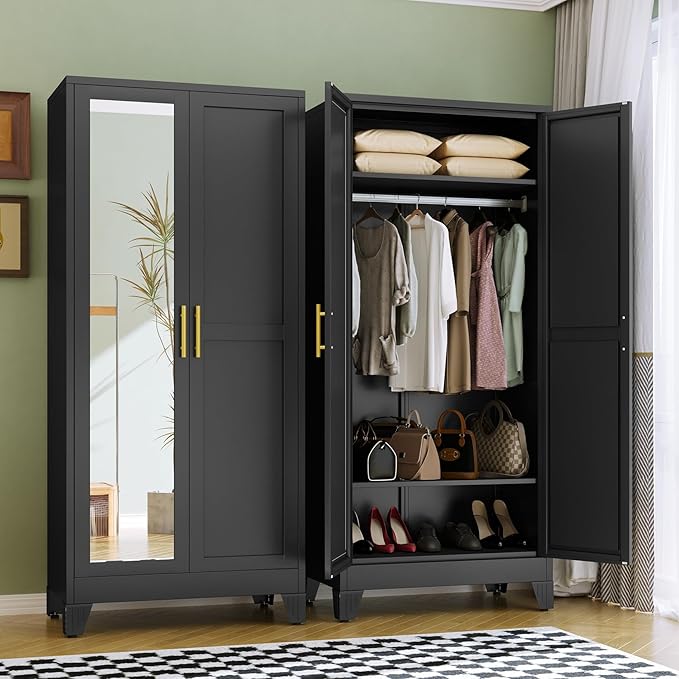 RIETERN Metal Armoire Wardrobe Closet, 71" Tall Bedroom Closet with Mirror, Adjustable Shelves, and Hanging Rod, Steel Clothes Closets and Storage, for Bedroom Black