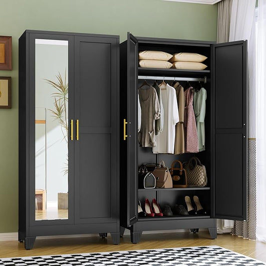 RIETERN Metal Armoire Wardrobe Closet, 71" Tall Bedroom Closet with Mirror, Adjustable Shelves, and Hanging Rod, Steel Clothes Closets and Storage, for Bedroom Black