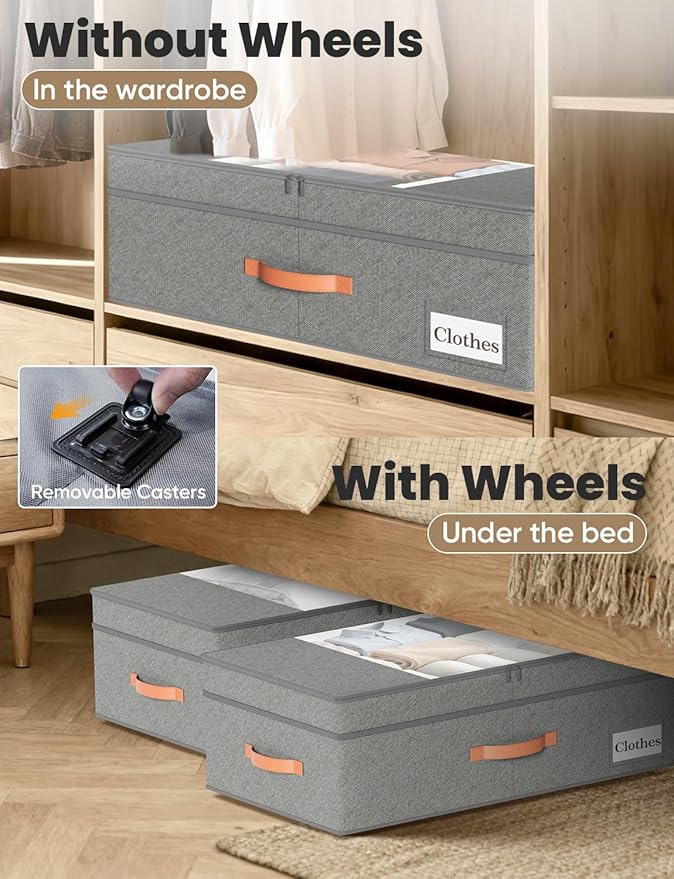 TOSKING 2-Pack Under Bed Storage Drawers with Wheels, 6 Vacuum Bags, Adjustable Height 7.9-10.2", Large 90L/80 lbs Clear Lid, 900D Oxford, Space Saver for Dorm Bedroom, Blankets, Clothes, Shoes, Gray
