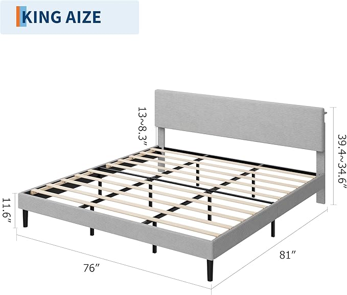 IDEALHOUSE King Size Bed Frame, Platform Bed with Adjustable Corduroy Upholstered Storage Headboard and Charging Station, Sturdy Metal Support, Noise Free, Easy Assembly, Gray