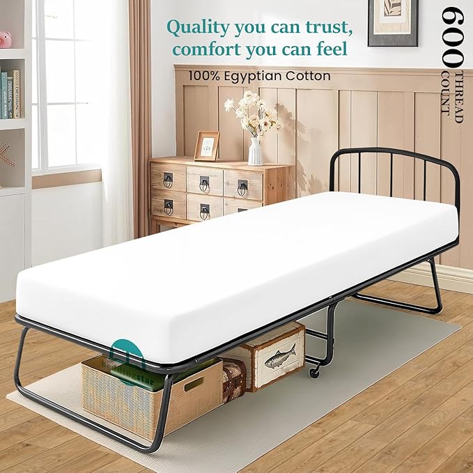 Twin Fitted Sheet 39 x 75 Inches 8" Deep Pocket 100% Egyptian Cotton 600 Thread Count Snug Fit for Trifold Mattress, Narrow Twin, Camp Bunk, Guest Bed, Army Cot Soft & Breathable – White
