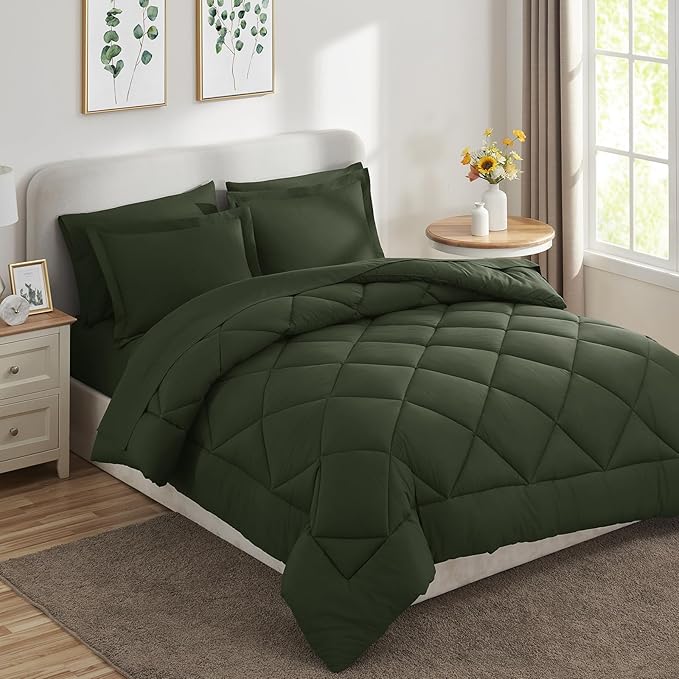 CozyLux King Size Comforter Set Dark Green - 7 Pieces Bed in a Bag King, Luxury Soft Bed Set for All Seasons, Bedding Set with Down Alternative Comforter, Sheets, Pillowcases & Shams