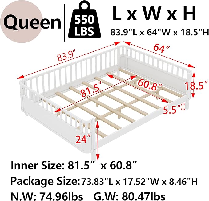 Bellemave Queen Size Montessori Bed with Fence & Slats, Platform Bed Frame with Detachable Side Rails, Rounded Corners, Safe & Easy Assembly,White Montessori Bed Queen Size