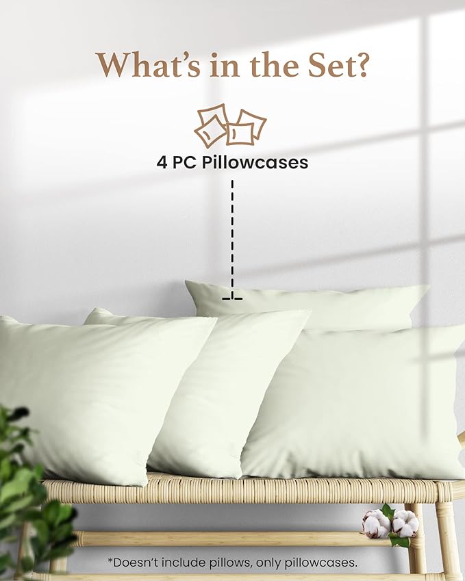 1000 TC Sage King Pillowcases Set of 4 100% Egyptian Cotton Pillow Cases with Long Staple Cotton & Sateen Weave, Silky Soft Hotel - Like Bed Pillow Covers for Comfy Sleeping, Snug Fit
