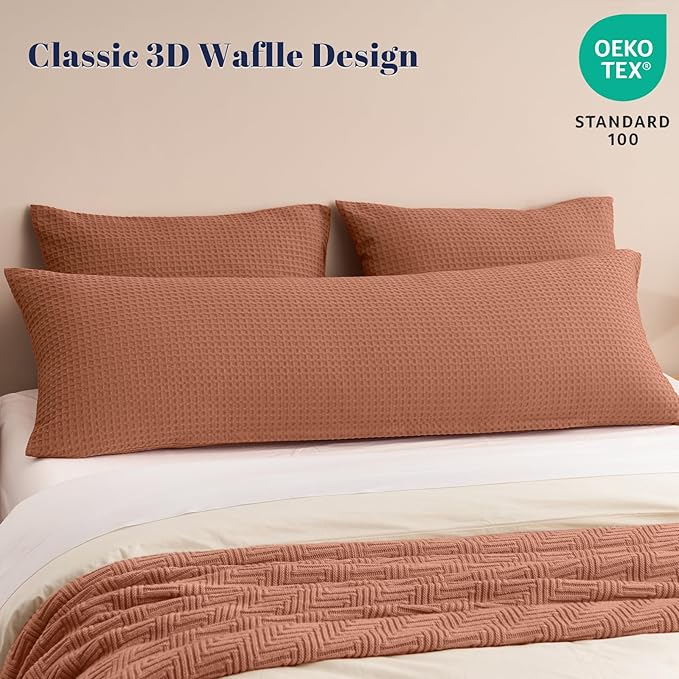 PHF Ultra Soft Waffle Weave Body Pillowcase with Zipper, No Insert, 1Pack 20" x 54" Pillow Sham, Breathable & Skin-Friendly Body Pillow case, Stylish Decorative Bed Pillow Cover, Burnt Umber